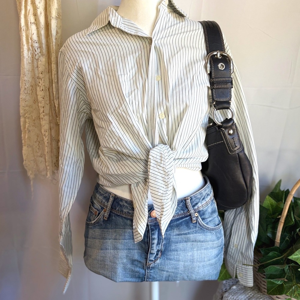 Vintage Western Fall XS Pinstripe Button Down Shirt Green White Cotton Long Slv